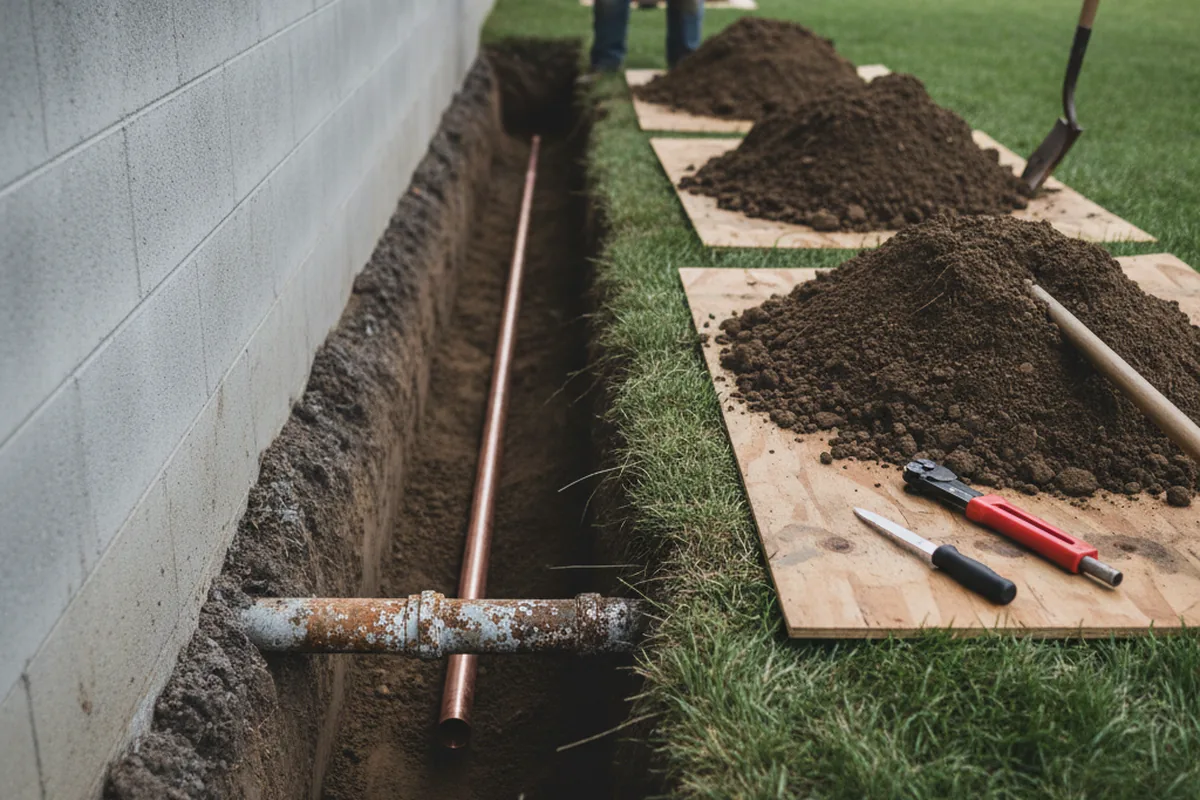 Excavated water line trench during Water Softener Installation in Edgewood